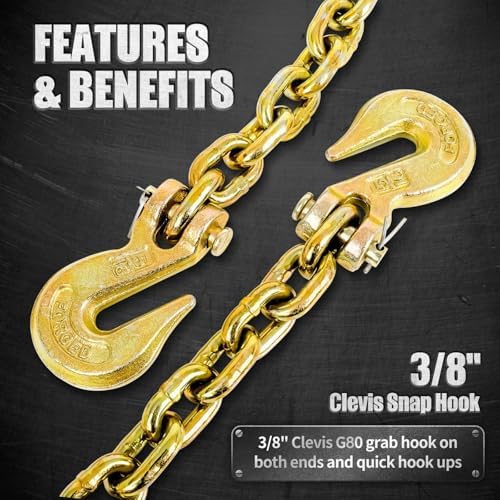 G80 Load Binder Chain,3/8"x10ft Tow Chain with G70 Hooks,5400lbs Safe Working Load, Heavy Duty Chain,Logging Chain for Transporting Towing, Tie Down Binding Equipment - Image 2
