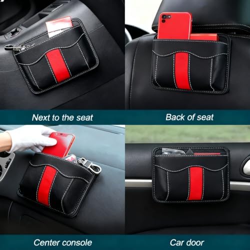 Car Seat Side Organizer, PU Leather Vehicle Storage Pocket, Universal Gap Filler for Auto Console Door Phone Document Sundries Organizer (Black and Red) - Image 5