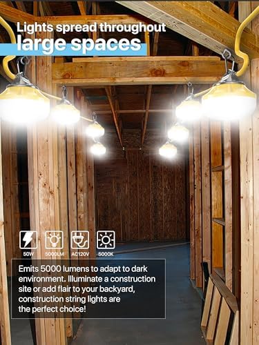 HYPERLITE Construction String Lights: 50FT 5 Bulbs Work Lights with 3 Prong - IP65 Waterproof Linkable LED Industrial Temporary Lighting for Construction Sites Attic Crawlspace Renovation - Image 2