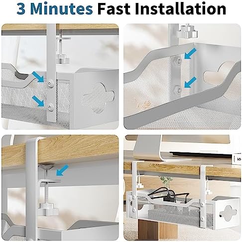 Under Desk Cable Management Tray 2 Pack, No Drill Cable Organizer With Clamp for Standing Desk, Easy to Install Cord Management System, No Damage Wire Organizer - Image 7