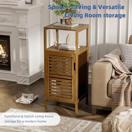 HITNET Bathroom Cabinet, Bamboo Floor Cabinet Free Standing, 4 Tier Sofa Side Storage Cupboard for Living Room Kitchen Entryway, Walnut - Image 4