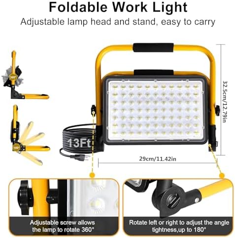 200W LED Work Light, 20000LM 6500K Work Lights on Stand, Portable Work Light, 4M 13.1FT Cord with Plug, IP66 Waterproof Flood Light Construction Lights Worklight for Job Site Repairing Workshop Garage - Image 5