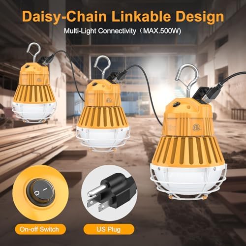 LED Temporary Work Light 100W 5000K Portable Hanging Construction Lights, 10' Cable with ON/Off Switch Linkable LED Work Light for Job Site Warehouse Garage Shop Area Lighting - Image 7