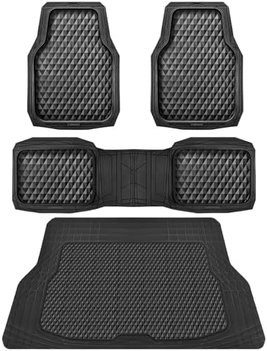 CAR PASS Heavy Duty Rubber Black Car Floor Mats & Cargo Liners, Deep Dish All-Weather Trunk Mats Durable Anti-Slip 3D Rhombus Waterproof Trim to Fit Liner Universal Fit Auto,Sedan,SUV,Truck, Black by CARPASS