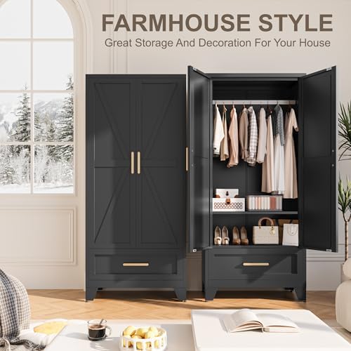 Baborokic Metal Wardrobe Cabinet,71 Armoire Wardrobe Closet with Drawers and Hanging Rod,Metal Armoire with Adjustable Shelves for Closet,Bedroom,Farmhouse Storage Cabinet with Drawer(Black) - Image 4