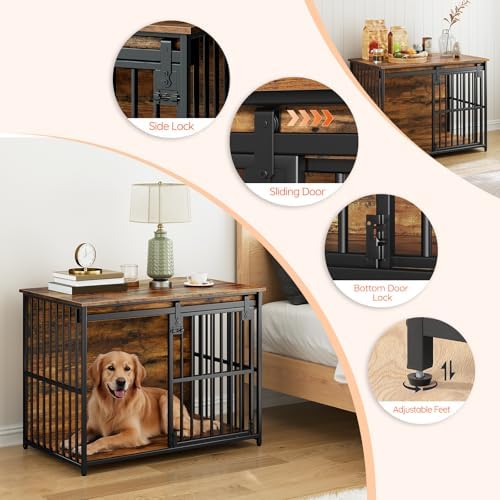 HOOBRO Dog Crate Furniture, 36.6" Heavy Duty Dog Kennel with Sliding Barn Door, Wooden Dog Cage Indoor, Decorative Side End Table for Small/Medium Dogs, Rustic Brown and Black FG162GW03G1 - Image 7