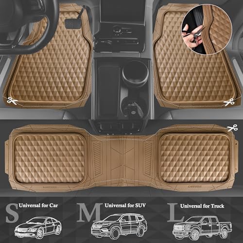 CAR PASS Heavy Duty Rubber Beige Car Floor Mats & Cargo Liners, Deep Dish All-Weather Trunk Mats Durable Anti-Slip 3D Rhombus Waterproof Trim to Fit Liner Universal Fit Auto,Sedan,SUV,Truck, Beige - Image 5