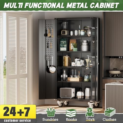 Greenvelly Metal Storage Cabinet with Wheels, 72" Black Garage Rolling Cabinet with Doors and 4 Shelves, Steel Locking Cabinets Tall Tool Lockable Storage Cabinets for Basement, Pantry, Home Office - Image 7
