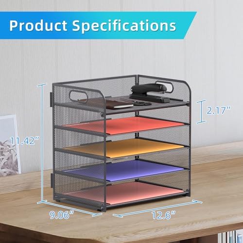 Supeasy 5 Trays Paper Organizer Letter Tray with Handle-Mesh Desk File Organizer, Grey Paper Sorter Desk Organizer for Office, Home or School - Image 6