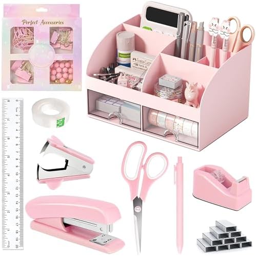 COMFYROOM Pink Desk Accessories with Pen Holder, Pink Office Supplies Desk Organizers and Accessories for women, Tape Dispenser, Stapler, Staple Remover, Staples, Clips Set, Ruler, Scissor, Pen, Tape by COMFYROOM