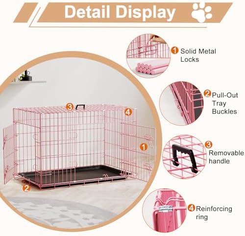 FDW | 36" Foldable Metal Dog Crate | Pink | Cage for Medium Dogs - Image 3