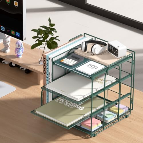 Desk File Organizer and Accessories, 4-Tier Paper Organizer with Vertical File Holder, Office Desk Accessories & Workspace Organizers and Storage for Office Supplies (Green) - Image 2