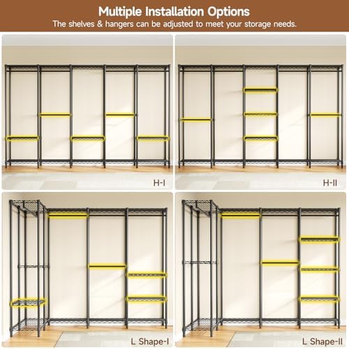 ONBRILL F5 Extra Large Industrial Pipe Clothing Rack, Freestanding Portable Closet Organizer System with Shelves & Hanging Rods, 86.6'' Wide Heavt Duty Clothes Rack, Max Load 1300lbs, Black - Image 5