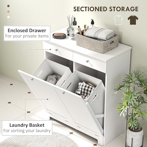HOMCOM Laundry Cabinet with 2 Removable Baskets, Tilt Out Hamper, White - Image 4