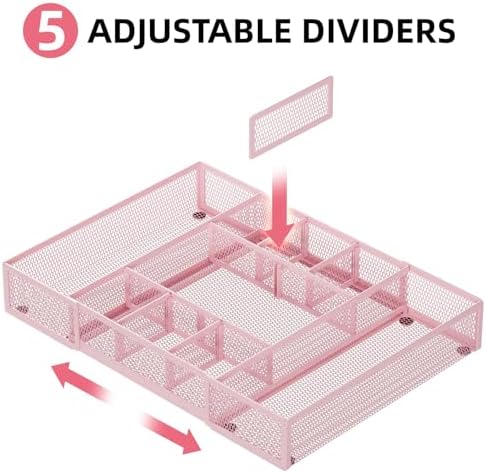Marbrasse Expandable Desk Drawer Organizer, Mesh Tray with 10 Adjustable Compartments, Desk Organizers for Office Supplies, Makeup & Vanity (Expandable-Pink) - Image 3
