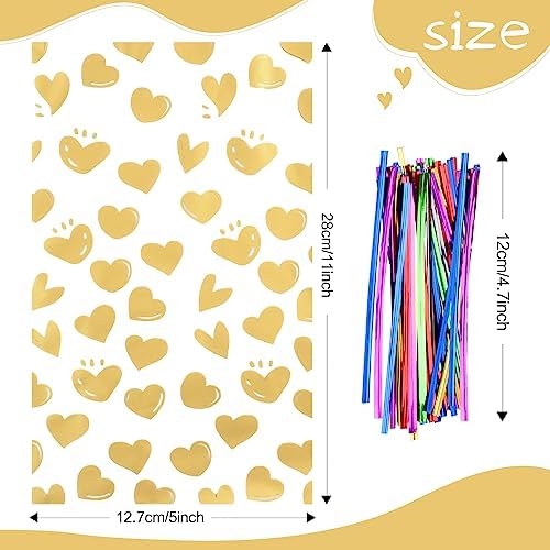 COQOFA 100Pcs 5X11IN Gold Heart Cello Cellophane Treat Bags for Party Favors, Candy, Cookies - Clear Plastic Poly Storage With Twist Ties for Baby Shower, Valentine, Birthday - Image 2