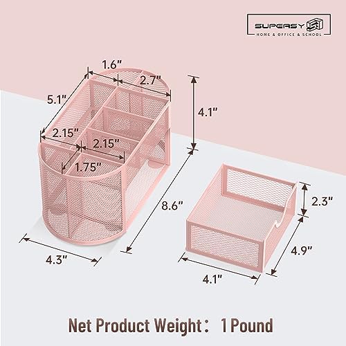 Mesh Desk Organizer with Drawer, 9-Compartment Pen Holder for Desk, Pink - Image 4