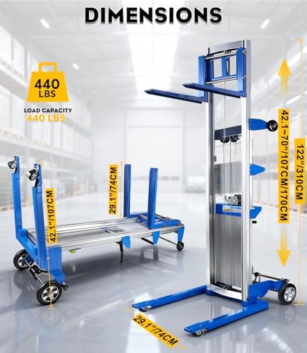 122" Material Lift Winch Stacker, 400 lbs Capacity, Adjustable Straddle Material Lifter for Warehouse & Factory, Lightweight Aluminum & Manganese Steel Construction, 42.1" x 29.1" x 66.9" - Image 2