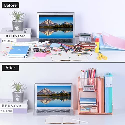 Topwey Rose Gold Desk Accessories, Office Supplies Desk Organizer Caddy with Sliding Drawer, Double Tray, File Organizer and pen holder for Home, Office School - Image 4