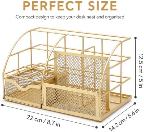 Exerz Desk Organizer Metal Mesh 7 Compartments Office Tidy Caddy Gold - Image 2