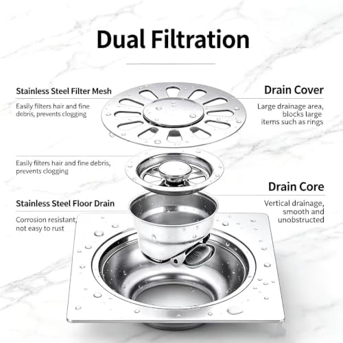 4 Inch Brushed Stainless Steel Square Shower Floor Drain, Floor Drain Cover with Hair Filter and Deodorizing Core, Fast Drainage Drain Accessory for Bathroom, Kitchen, Balcony and Laundry Room - Image 4