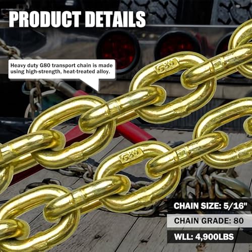 G80 Transport Binder Chain 5/16 Inch x 20 Foot | Tow Chain with Clevis Grab Hooks | 4,900 lbs Safe Working Load | Heavy Duty Chain for Transporting Towing (5/16'' x 20FT (Yellow Zinc)) - Image 3