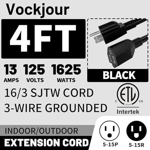 Vockjour 16/3 Black Indoor Outdoor Extension Cord 4 Ft Waterproof - Image 2