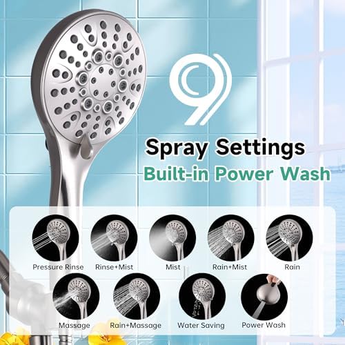BRIGHT SHOWERS High Pressure Shower Head with Handheld, 9 Spray Settings Showerhead Built in Power Wash to Clean Tub and Pets, Extra Long 69" Hose, Adjustable Bracket, Brushed Nickel - Image 2