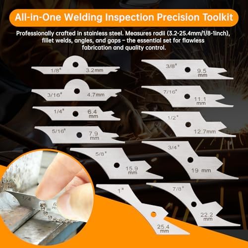 Welding Gage Inspection Mini Pocket Fillet Gauge Welding Radius Gage 11pcs Chain Set 1/8''-1''(3.2mm-25.4mm) Dual Scale Measure, Stainless Steel Weld Fillet Throat/Leg Length Inspection Tool - Image 4