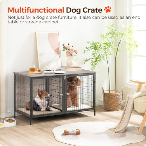 MAHANCRIS Dog Crate Furniture for 2 Dogs, 43.3" Dog Kennel with Removable Divider, Heavy Sturdy Dog Furniture Style Double Cage for Small Medium Dog, Indoor Pet House End Table, Greige DCHG1201 - Image 2
