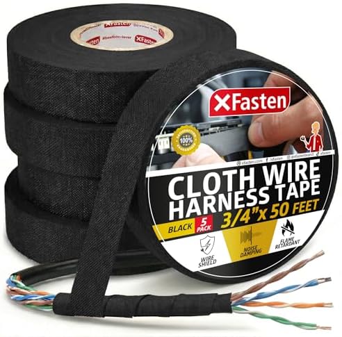 XFasten Wire Harness Tape, 3/4-Inch x 50-Foot (5-Pack), High Temp Wiring Loom Harness, Self-Adhesive Felt Cloth Electrical Tape for Automotive Engines, Noise Dampening, and Cable Protection by XFasten