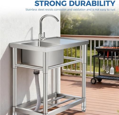 Stainless Steel Utility Sink with Faucet & Workbench, Commercial Freestanding Single Bowl Sink with Hot & Cold Water Pipes, Storage Shelf for Restaurant, Kitchen, Garage, Laundry, Outdoor (30in) - Image 7