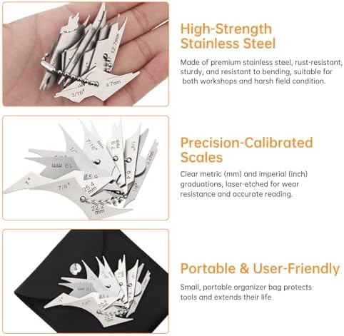 Welding Gage Inspection Mini Pocket Fillet Gauge Welding Radius Gage 11pcs Chain Set 1/8''-1''(3.2mm-25.4mm) Dual Scale Measure, Stainless Steel Weld Fillet Throat/Leg Length Inspection Tool - Image 3