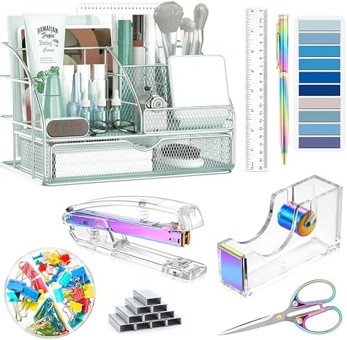 Dream Color Desk Accessories, Office Desk Organizers and Accessories Supplies with Mesh Desk Organizer, Tape Dispenser, Stapler, Staples, Ballpoint Pen, Clips Set, Ruler, Scissor, Sticky Tabs by Scindaly