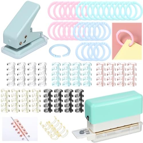 ReliThick 52 Pcs Binding Machine Set Includes 1 Pcs 6 Holes Binder Punch 1 Pcs Single Hole Binder Machine 20 Pcs 5 Ring Plastic Loose Leaf Binder Rings 30 Pcs Small Binder Rings for Home Office by ReliThick