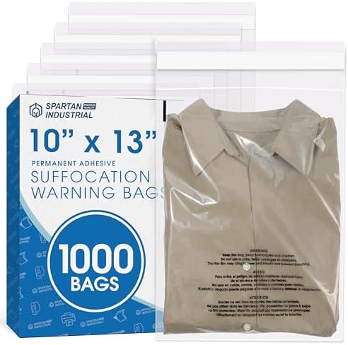 10" X 13" (1000 Count) Self Seal Clear Poly Bags with Suffocation Warning by SpartanIndustrial