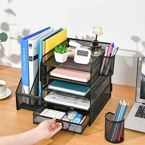 Marbrasse Desk Organizer with File Holder, 5-Tier Paper Letter Tray Organizer with Drawer and 2 Pen Holder, Mesh Desktop Organizer and Storage with Magazine Holder for Office Supplies(Black) - Image 5