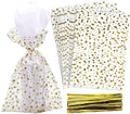 100 Pcs Star Printed 4"X 9" Gift Wrap Cello Cellophane Treat Bags Party Favor bags Clear Candy Cookie Bags Plastic Poly Goodie Storage Bags with Twist Ties for Bakery,Birthday, Wedding ,Party Decorations (Gold) by COQOFA