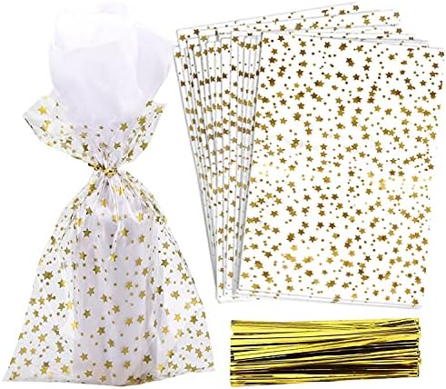 100 Pcs Star Printed 4"X 9" Gift Wrap Cello Cellophane Treat Bags Party Favor bags Clear Candy Cookie Bags Plastic Poly Goodie Storage Bags with Twist Ties for Bakery,Birthday, Wedding ,Party Decorations (Gold) by COQOFA