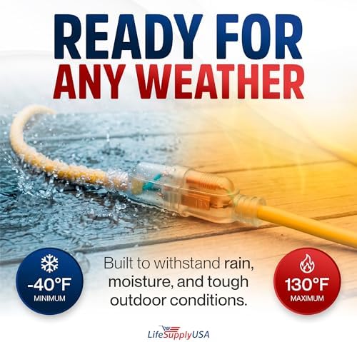 25ft Outdoor/Indoor Extension Cord 14/3 Gauge Heavy Duty 3 Prong SJTW, Waterproof, Flexible Cold-Resistant Long Power Cord,15A 125V 1625 W, Yellow by LifeSupplyUSA - Image 5