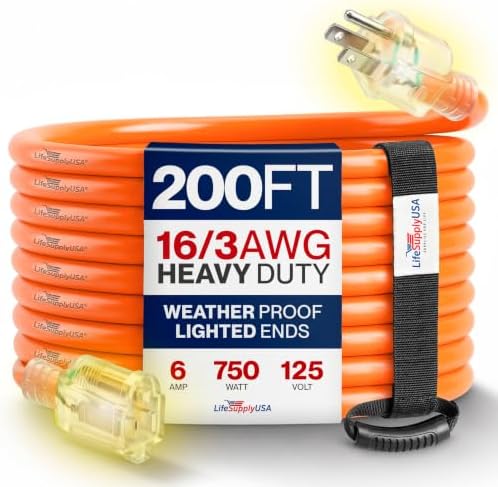 200ft Outdoor/Indoor Extension Cord 16/3 Gauge Heavy Duty 3 Prong SJTW, Waterproof, Flexible Cold-Resistant Long Power Cord,6A 125V 875W, Orange by LifeSupplyUSA by LifeSupplyUSA