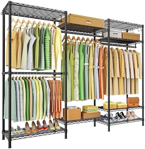 Ulif E13 Heavy Duty Clothes Rack（With 4 Hanger Rods & 8 Shelves） Freestanding Clothing Racks for Hanging Clothes，Adjustable Closet Organizer，Metal Garment Rack 63" W x16 D x77 H，Max Load 900LBS，Black by Ulif