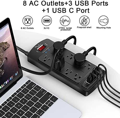 Surge Protector Power Strip - Nuetsa Flat Plug Extension Cord with 8 Outlets and 4 USB Ports, 6 Feet Power Cord, 2700 Joules, ETL Listed, Black - Image 2