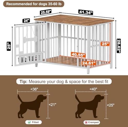 Easycom 41" Dog Crate Furniture Foldable, No Assembly Decorative Dog Kennel Indoor, Dog Crates for Large Dogs(35-60 lb), Wooden Dog Crate with Adjustable Bowls and Name Tag, End Table, White & Beech - Image 5