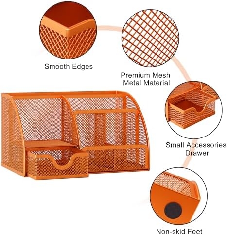 EasyPAG Mesh Desk Organizer with Drawer Multi-functional Pen Holder Stationery Organizer for Office School Supplies 6 Compartments Dorm Organizers and Storage for Desk, Orange - Image 3