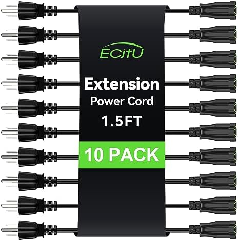Power Extension Cord 1.5FT/18Inch(10 Pack), Short 3 Prong Electric Extension Cable Outlet Saver, Single Outlet, Heavy Duty, Waterproof, Flexible, 16 AWG, 13A 125V, Extender Wires with 15 Cable Ties by ECJTU-US