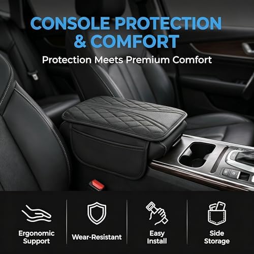 Car Center Console Cover, Leather Car Armrest Cover with 2 × Storage Bags, Waterproof Auto Arm Rest Covers Pad, Universal Console Covers for Storage Box Protector for Vehicle SUV Truck (Black) - Image 5