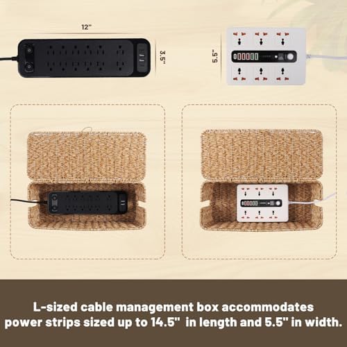 Cable Management Box, Cord Organizer with Lid & Cable Ties - Natural,L - Image 6