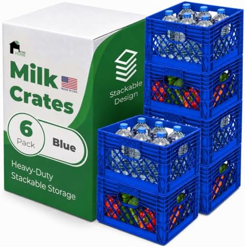 EconoHome Milk Crate - Stackable Storage Crate with Built-In Handles - Heavy Duty Plastic Material - Ventilated Organizer Bin for Garage, Pantry, Classroom, Office & Moving - Blue, 13x13x11, 6-Pack by EconoHome