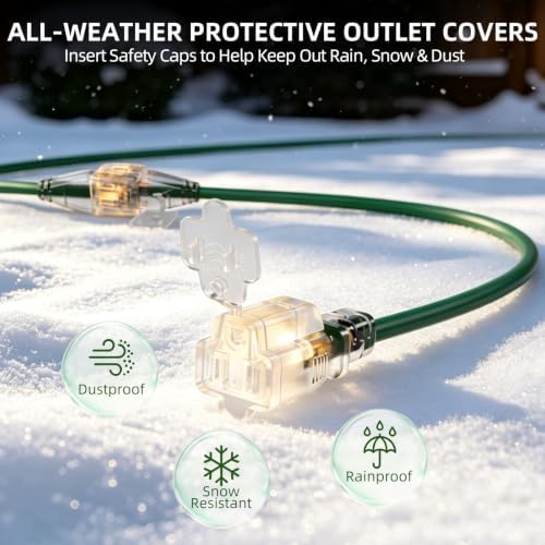 Christmas 50 FT Outdoor Extension Cord with Multiple Outlets, 6 Evenly Spaced Outlets with Indicator Lights, 16/3 SJTW Weatherproof Power Cord Outdoor for Christmas, Halloween, Holiday Decorations - Image 4